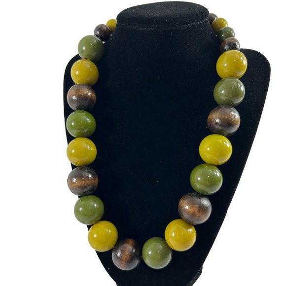 Chunky Beaded Necklace Green Brown Fall Colors 23" Brown Green - Picture 1 of 8